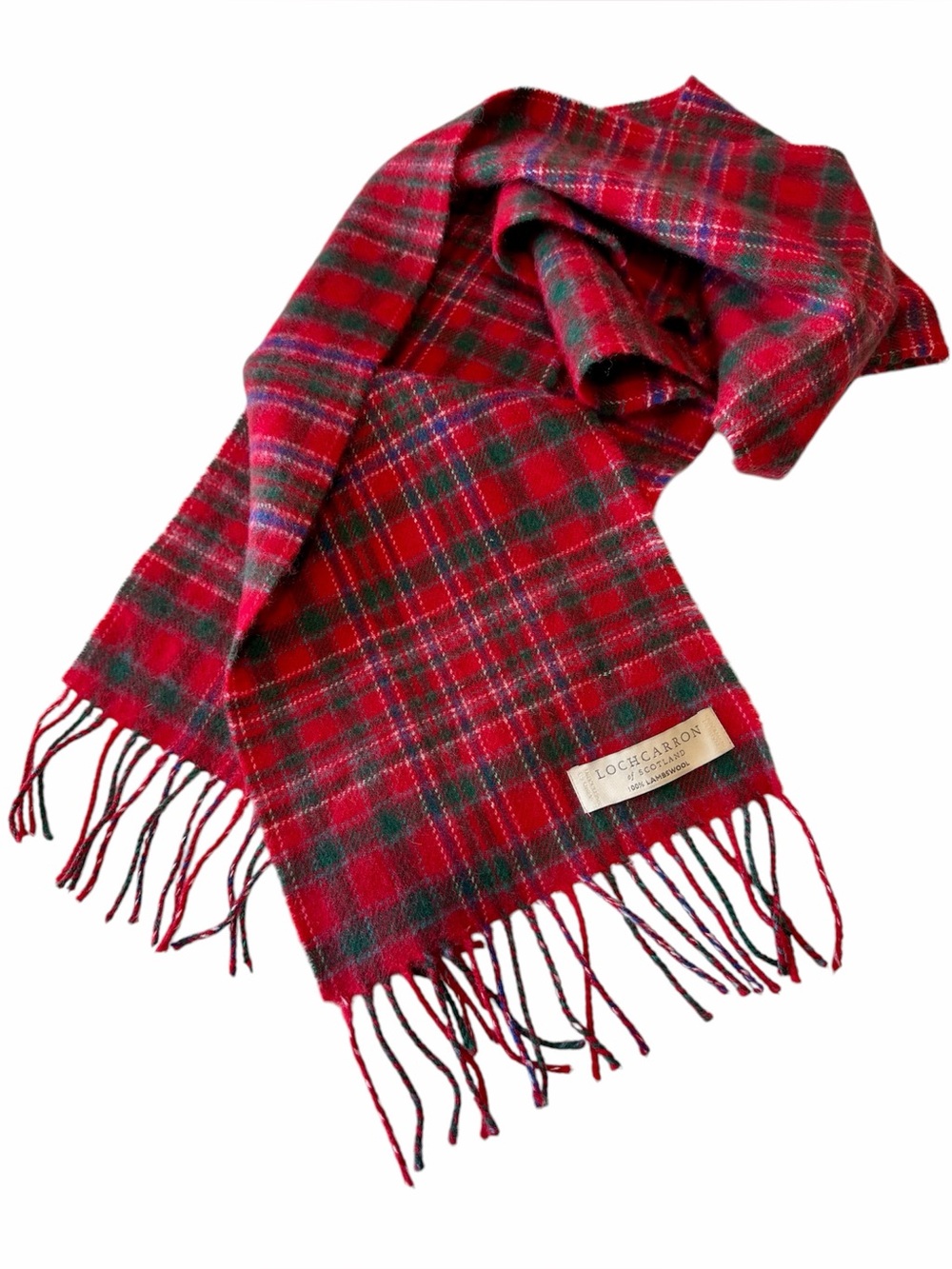 Lochcarron of Scotland 100% Lambswool Plaid Scarf Red Blue Fringed 69” x 9.25”